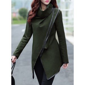 Olive Asymmetric Wrap Jacket, Shawl Collar, New